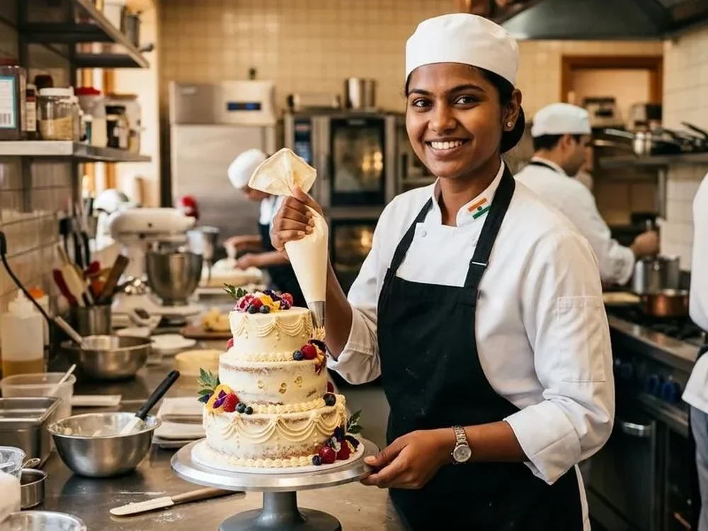 GAP Foods baker piping icing onto a tiered cake in the Coimbatore production kitchen