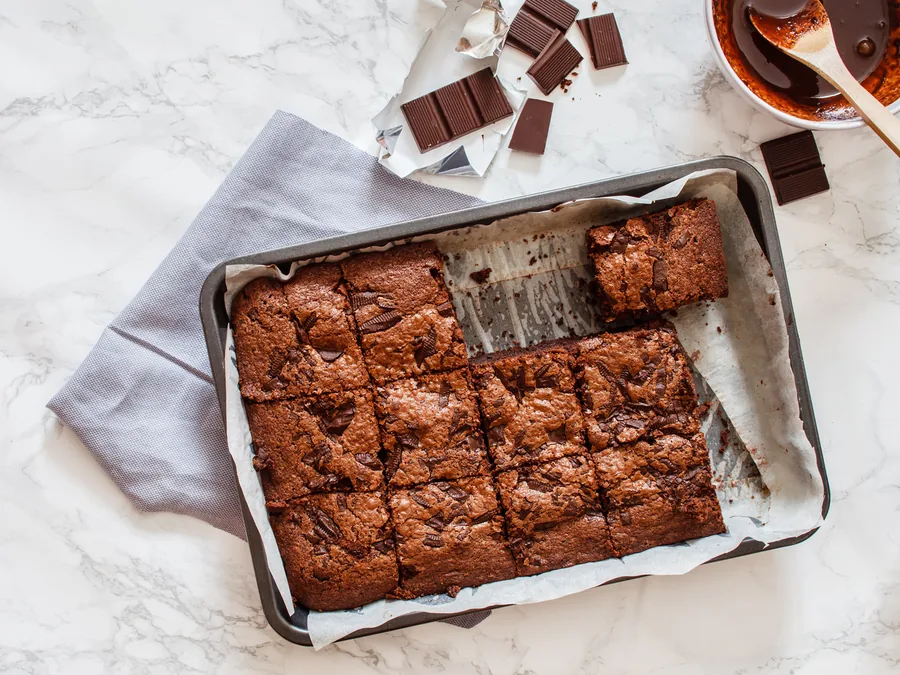 Wholesale eggless fudgy brownies cut into portions